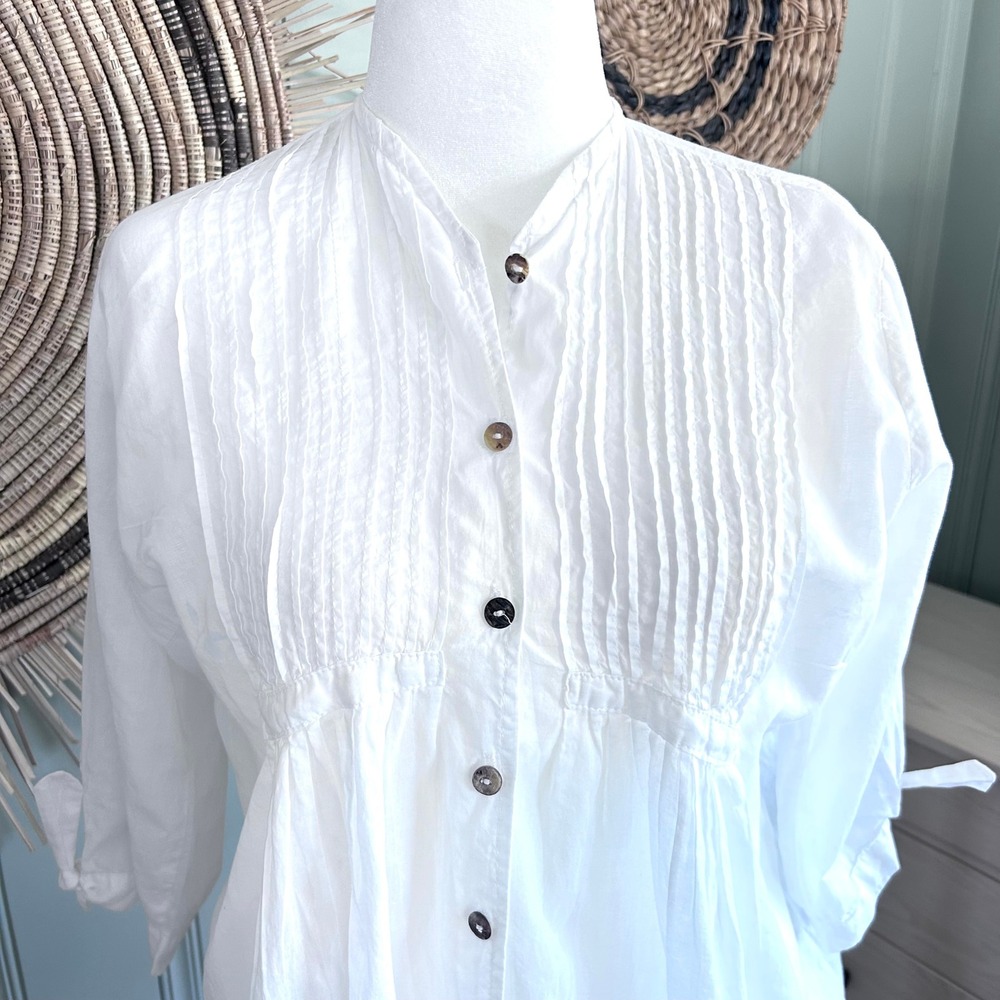 Veneta Steed Australia White Cotton Pintuck Pleated Tunic Blouse Tie Cuff XL - Picture 2 of 9